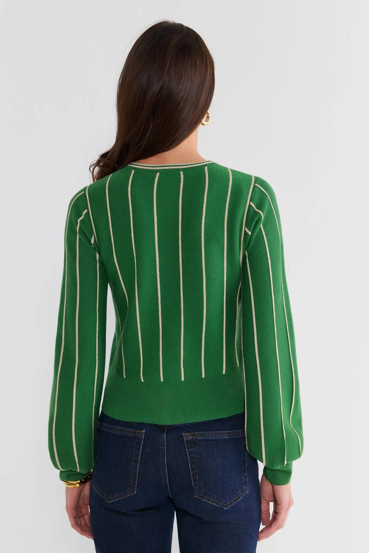 Green Striped Crewneck Sweater with Ribbed Hem - Back View On Model | Avara