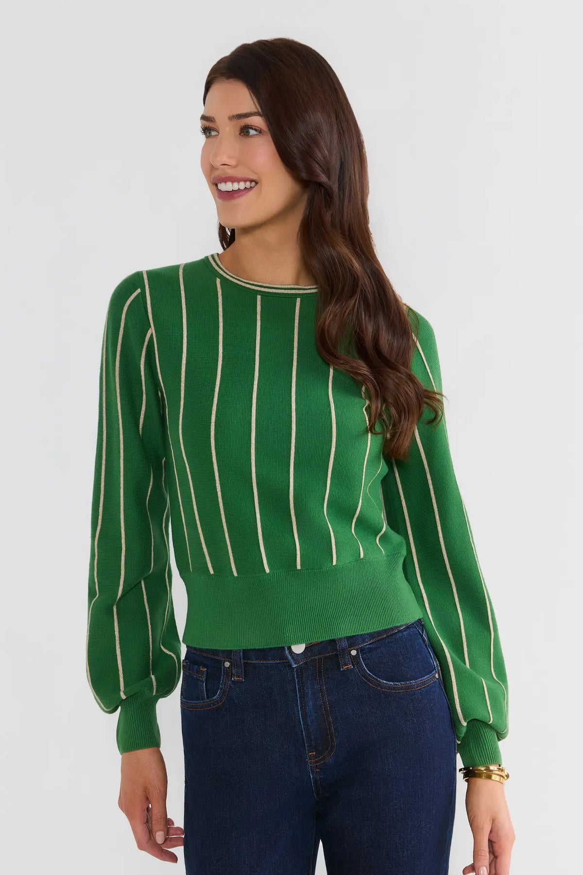 Green Vertical Stripe Crewneck Sweater - Front View On Model | Avara