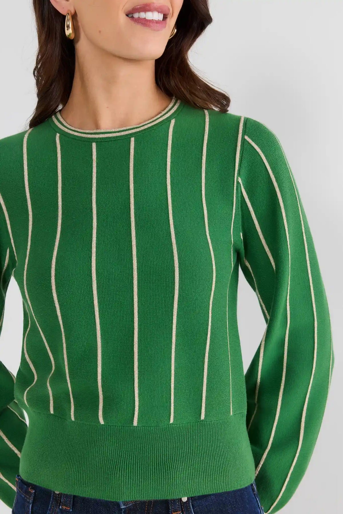 Green Striped Knit Sweater with Balloon Sleeves - Close-Up Front Detail | Avara