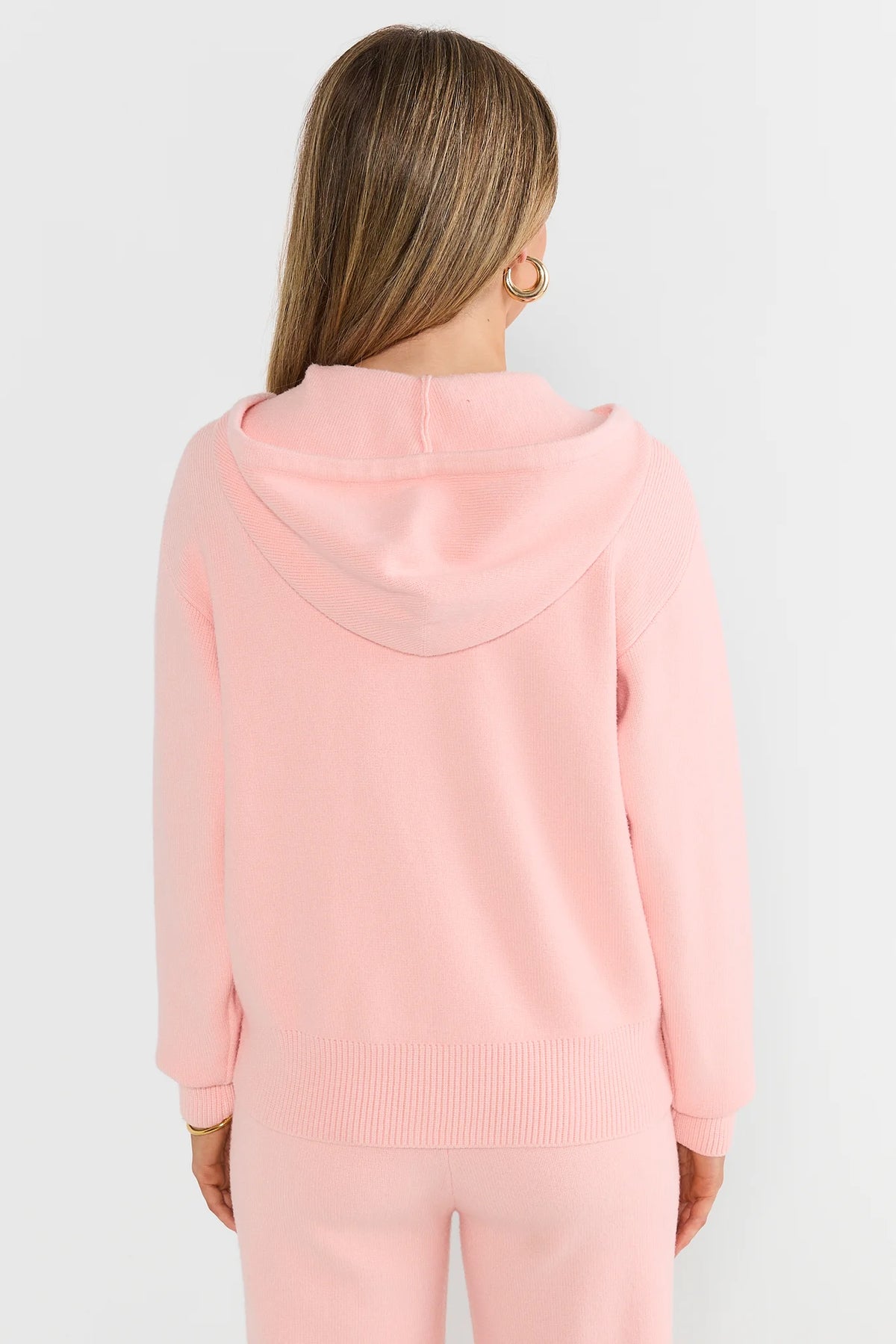 Pink Knit Zip Up Sweatshirt - Back View, Hood and Ribbed Hem Detail | Avara