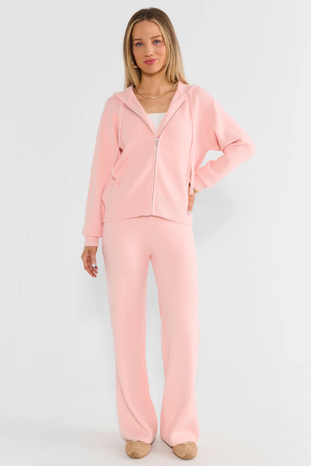 Pink Knit Zip Up Sweatshirt - Full Length Front, Coordinated Set | Avara