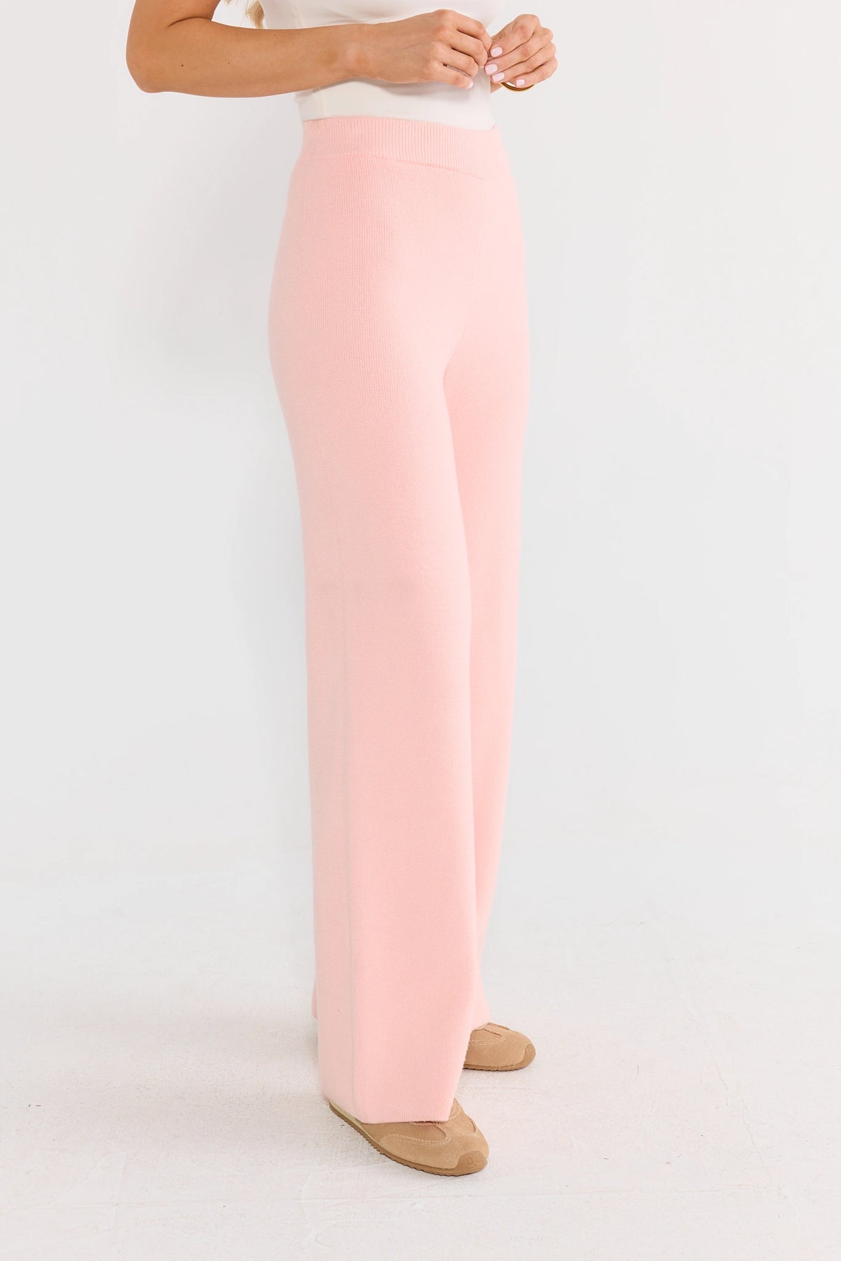 Pink Knit Wide Leg Pants - Side View, Wide Waistband Detail | Avara