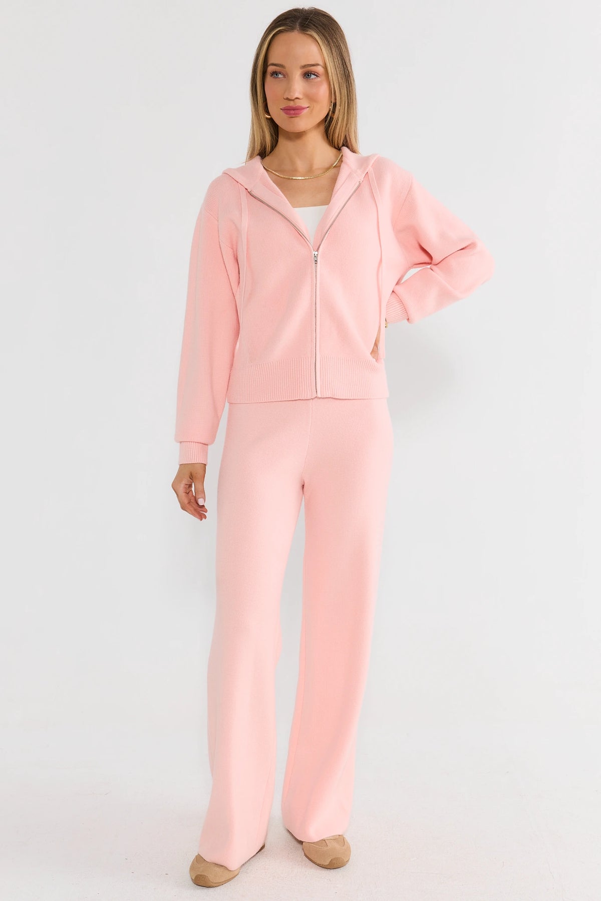 Pink Knit Wide Leg Pants - Full Front View, Styled with Matching Zip Hoodie | Avara