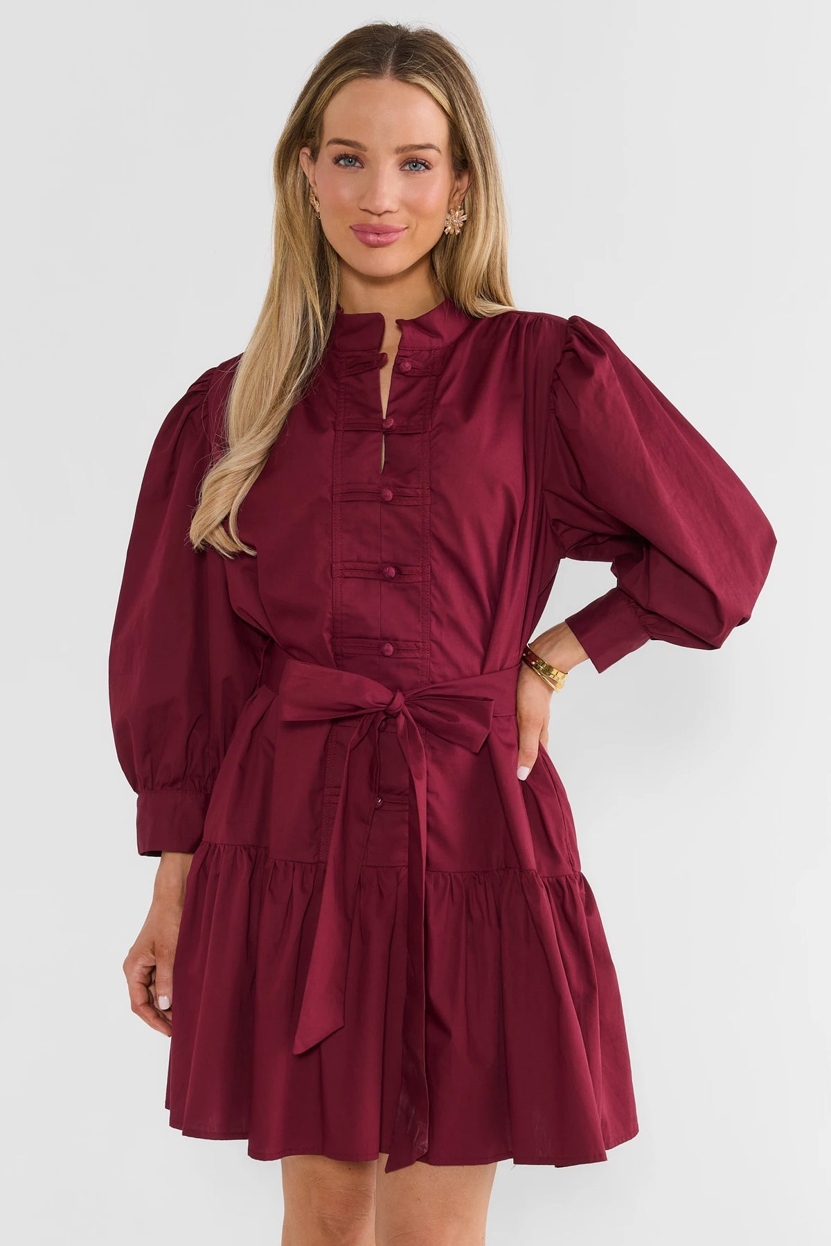 Maroon Button Up Short Dress - Front View, Puff Sleeves & Self-Tie Waist | Avara