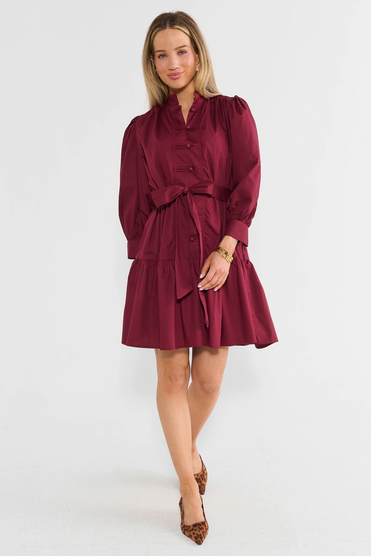 Maroon Tiered A-Line Short Dress - Full Length Front, Styled with Heels | Avara