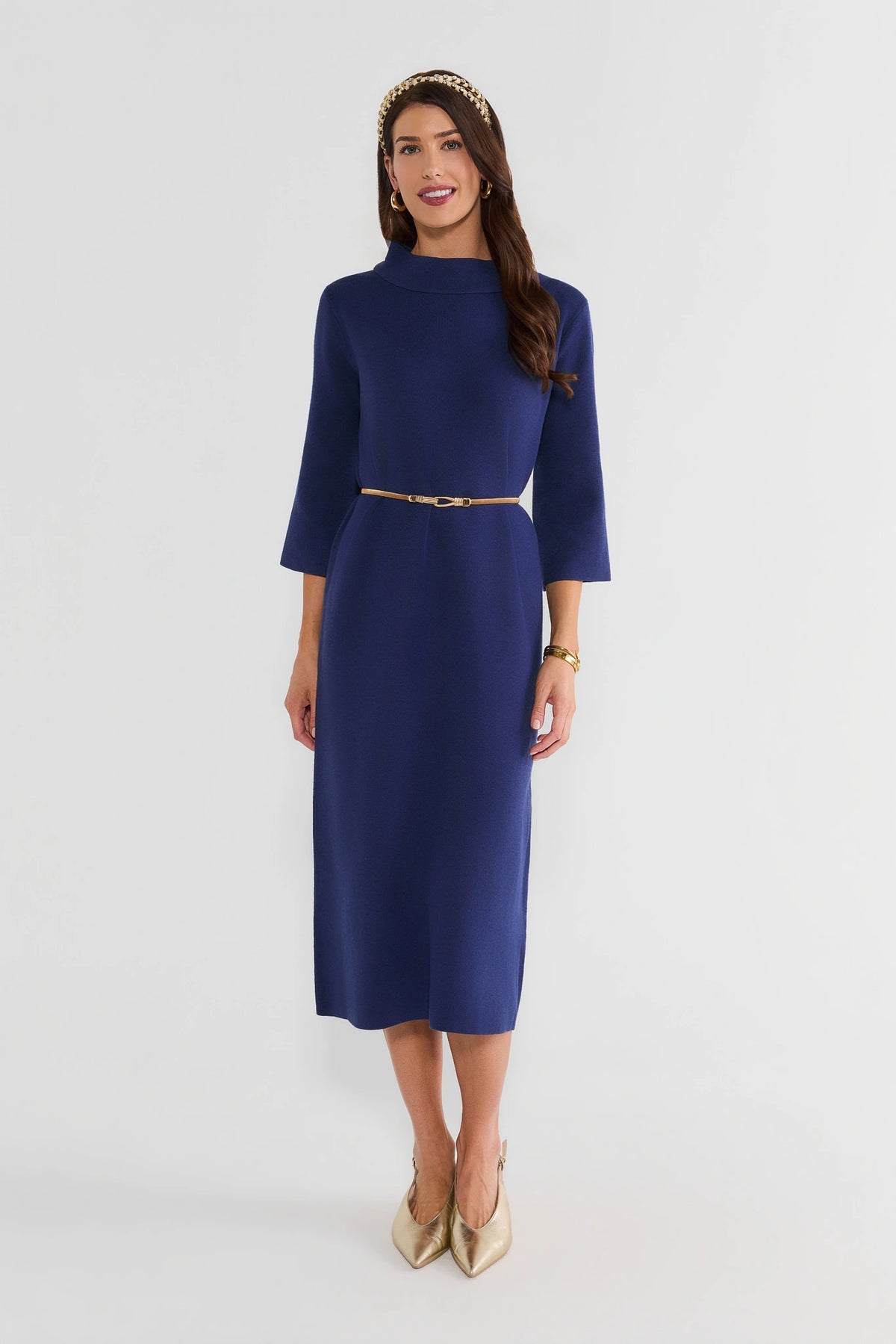 Navy Knit Sweater Midi Dress - Full Front View with Gold Belt and Heels | Avara