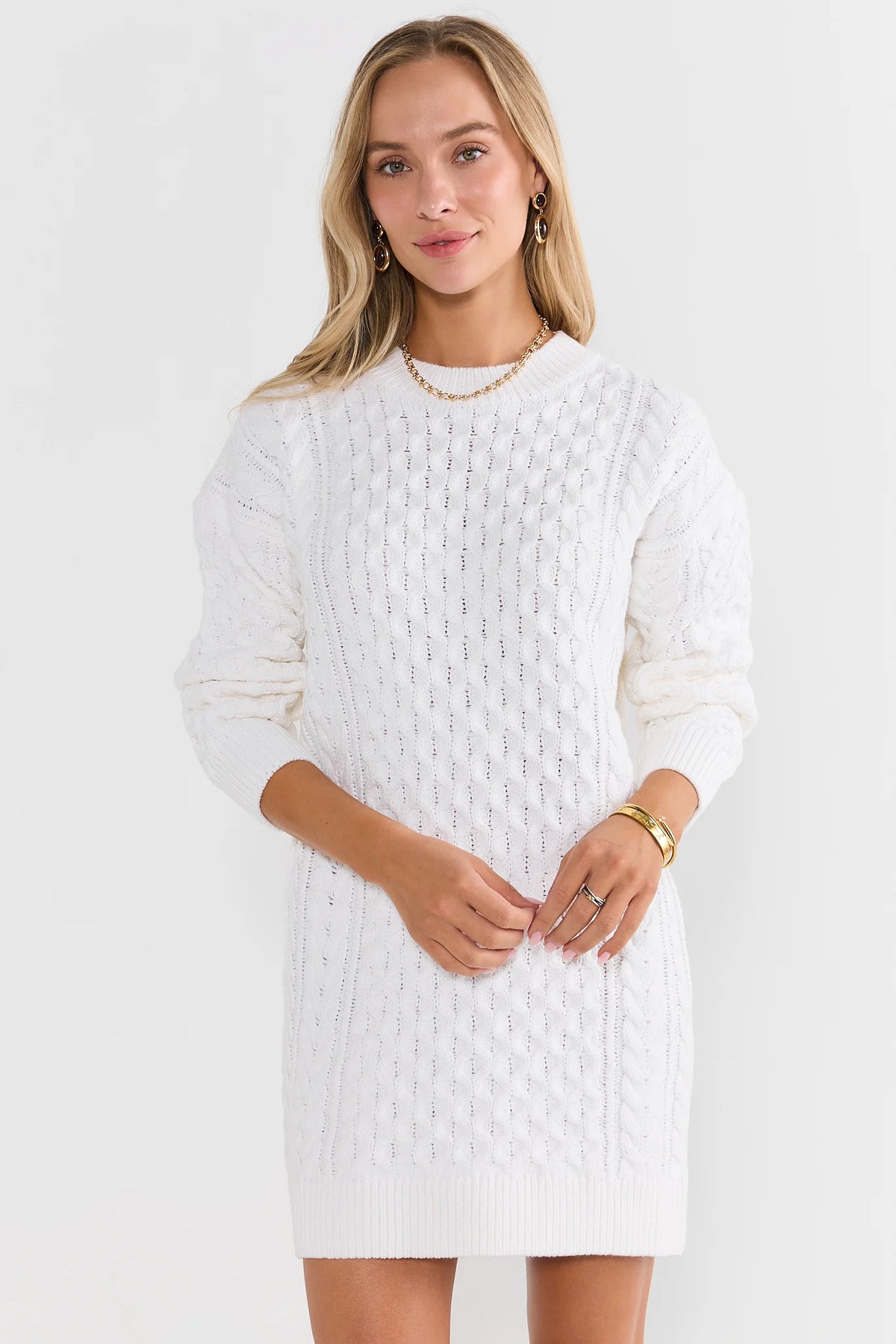 Ivory Cable Knit Sweater Short Dress - Front View, Crew Neckline | Avara