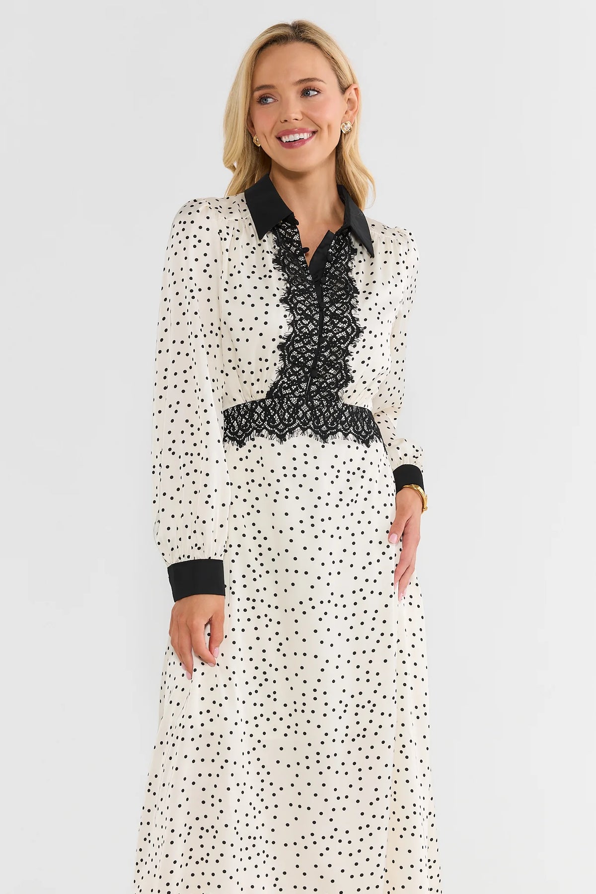 Ivory Polka Dot Lace Detail Midi Dress - Front Three-Quarter View | Avara
