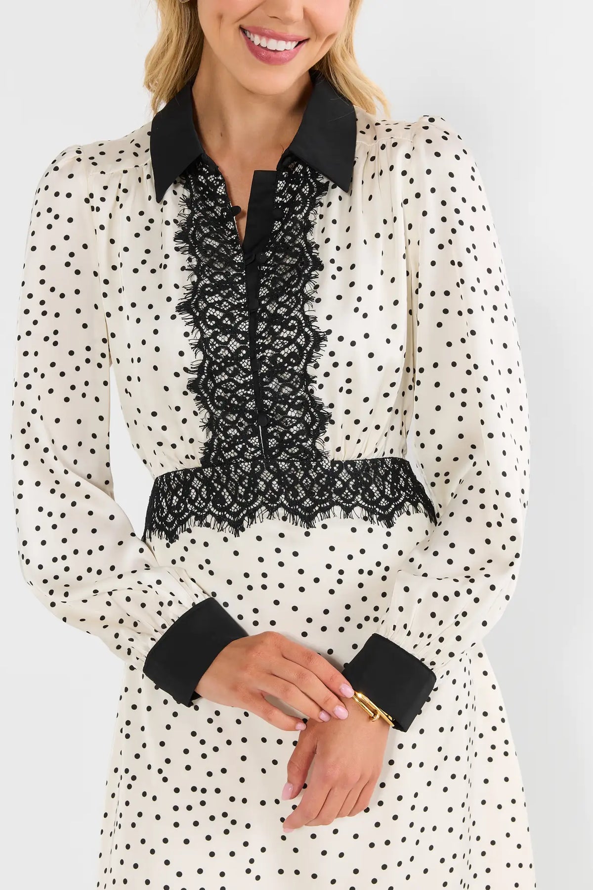 Ivory Polka Dot Midi Dress - Black Lace & Collar Close-Up Detail | Avara