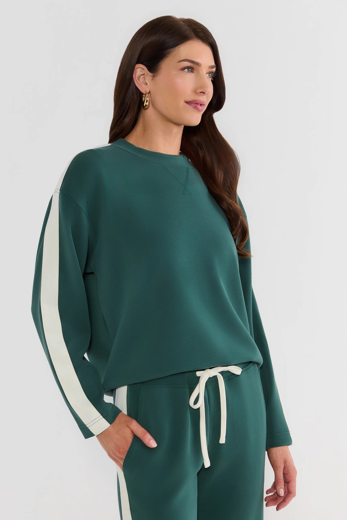 Green Side-Stripe Pullover Sweatshirt - Three-Quarter View On Model | Avara