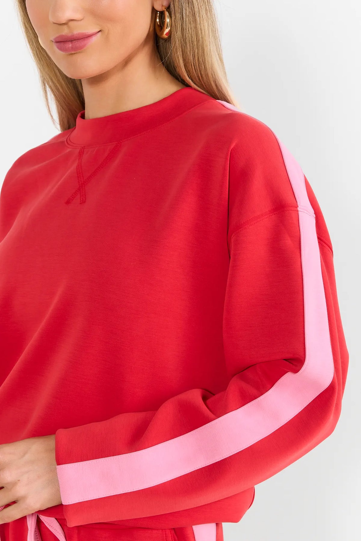 Red Stripe Detail Pullover - Pink Contrast Sleeve Stripe Close-Up | Avara