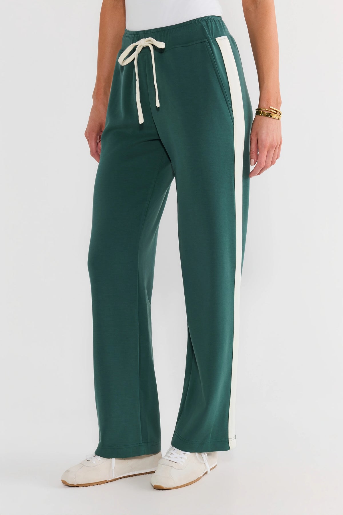 Green Stripe Detail Wide-Leg Lounge Pants - Front Three-Quarter View | Avara