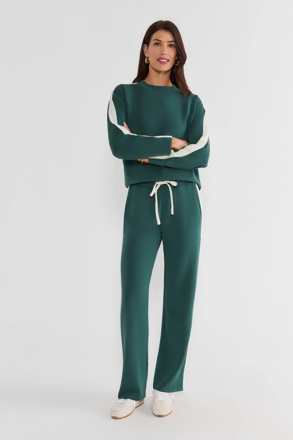 Green Wide-Leg Lounge Pants with Matching Set - Full Front View On Model | Avara