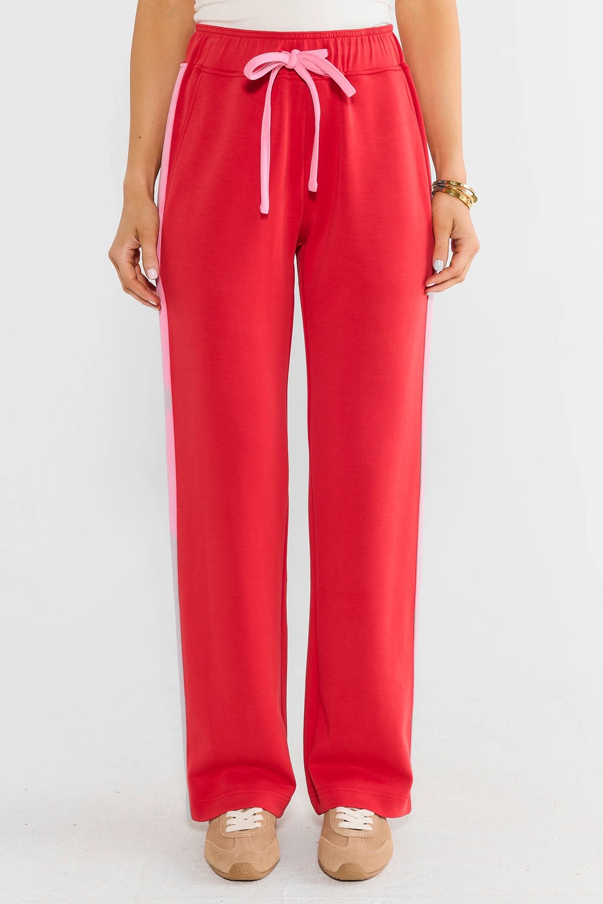 Red Contrast Stripe Lounge Pants with Pink Drawstring - Front View On Model | Avara