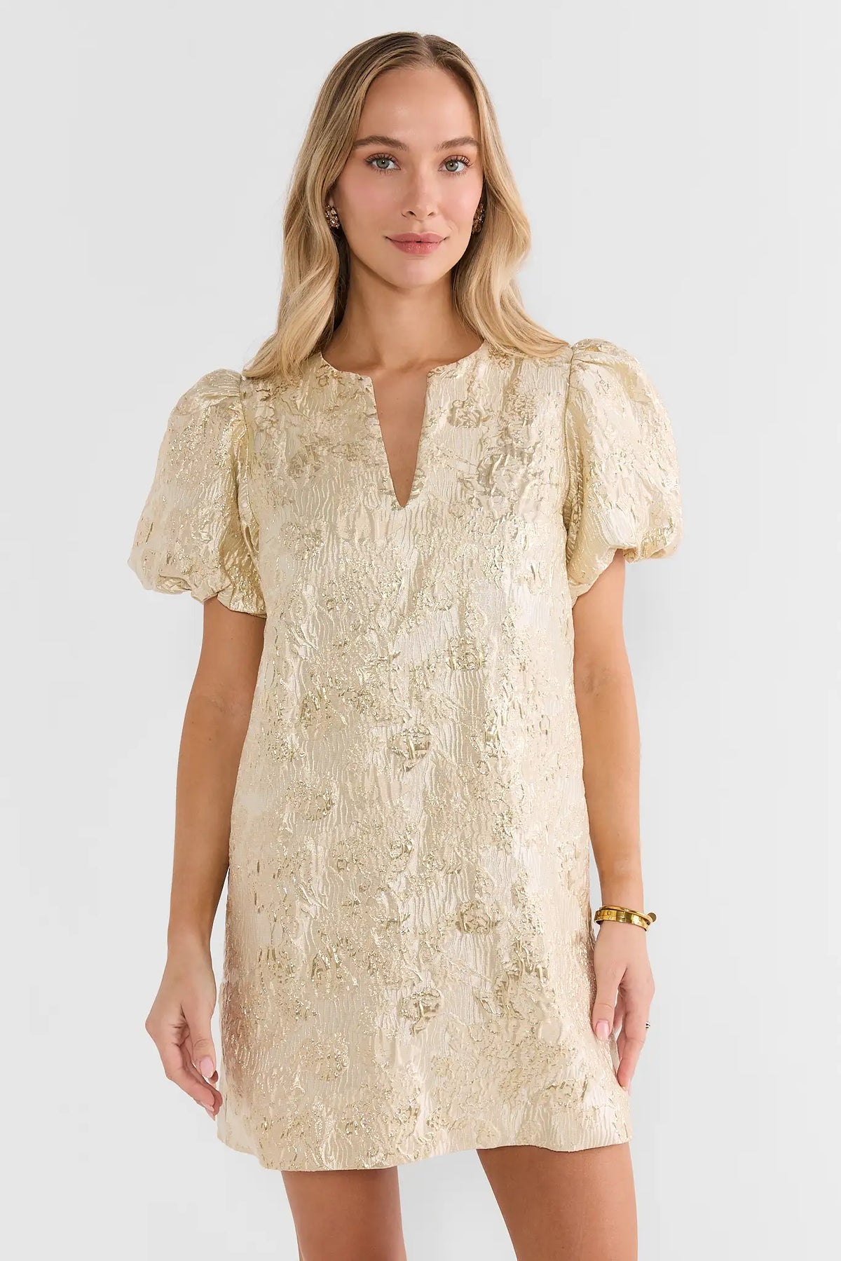 Gold Brocade Slit Neck Short Dress - Front View On Model | Avara