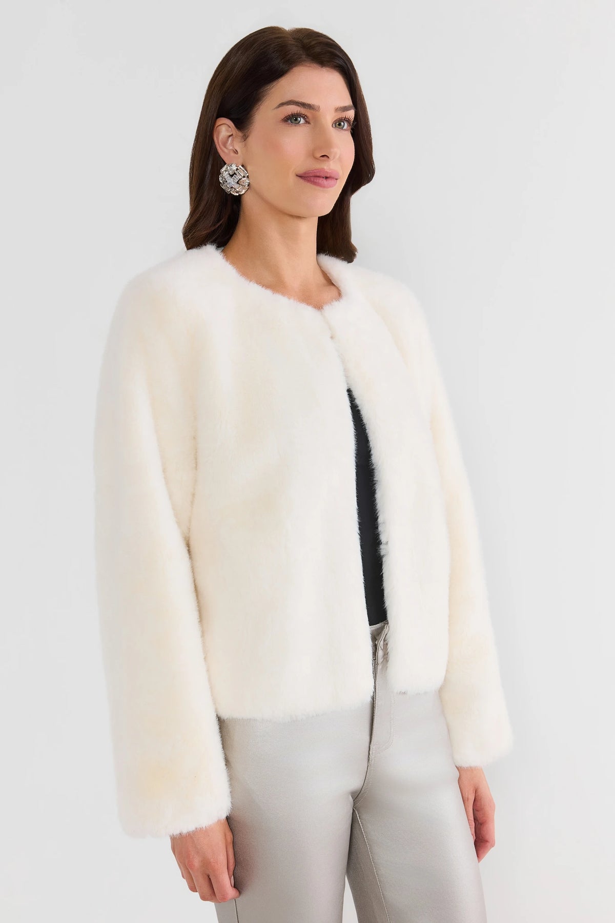 Ivory Faux Fur Cropped Jacket - Back View On Model | Avara