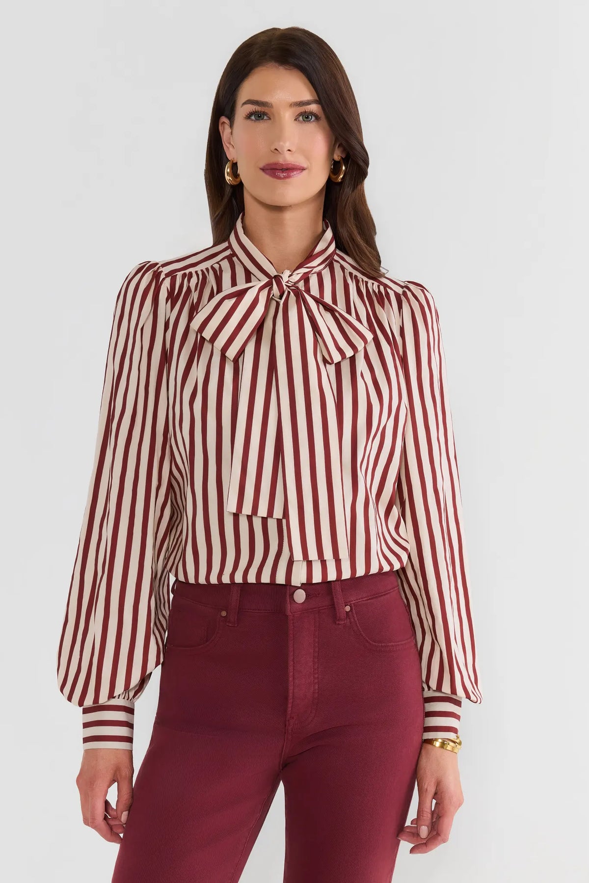 Maroon Striped Tie Neck Top with Puff Sleeves - Front View On Model | Avara
