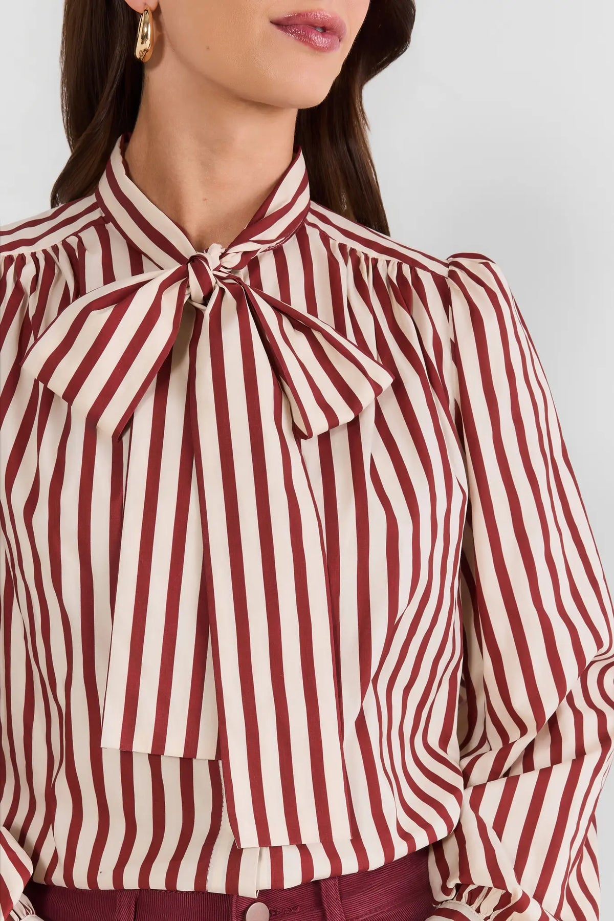 Maroon Striped Bow Neck Top - Tie Neck & Gathered Shoulder Close-Up Detail | Avara