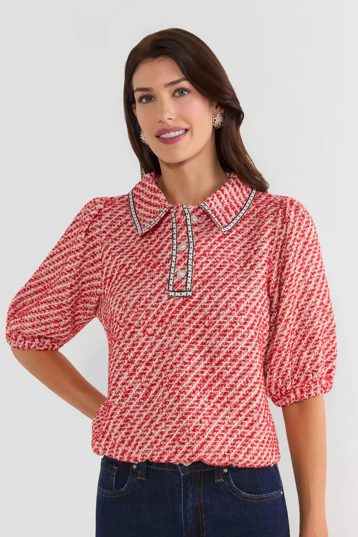 Red Tweed Pearl Button Top - Front View On Model with Puff Sleeves & Contrast Collar | Avara