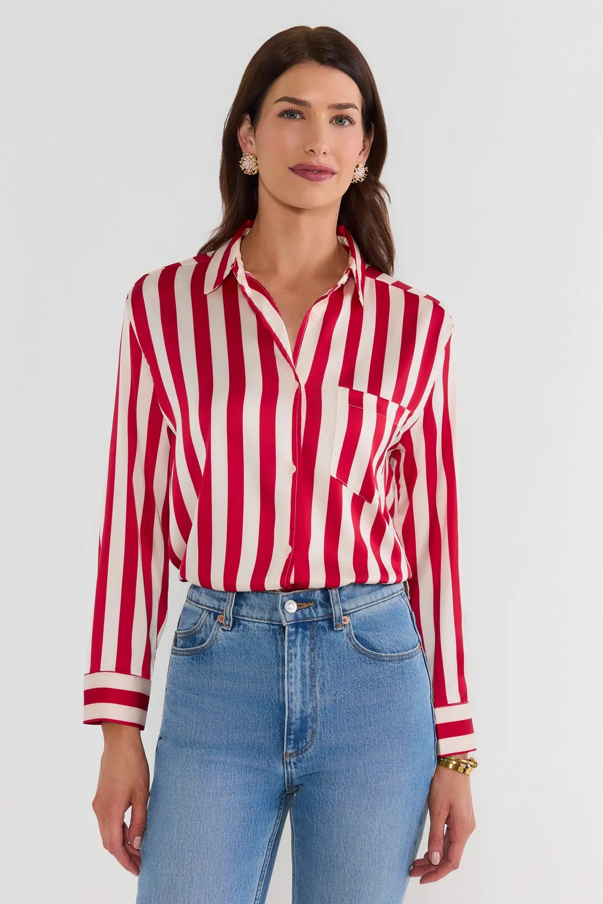 Red & White Striped Button Up Top - Front View On Model | Avara