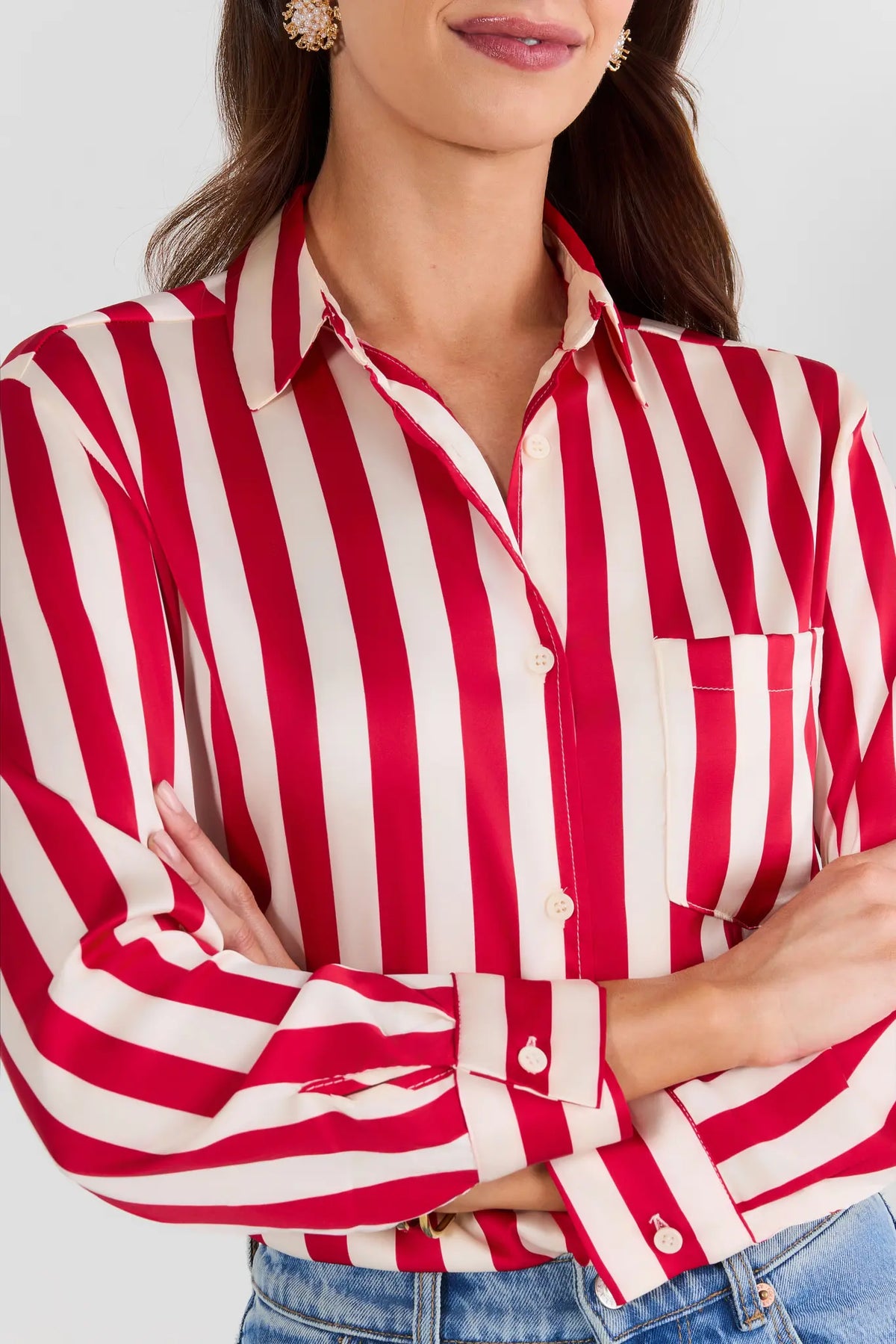 Red Striped Long Sleeve Button Up Shirt - Collar & Cuff Close-Up | Avara