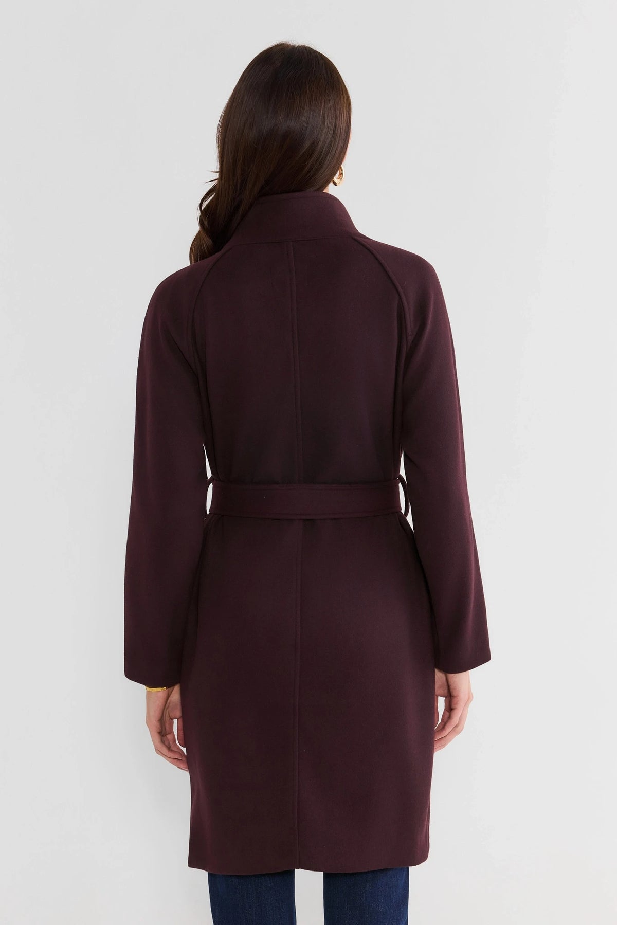 Burgundy Funnel Neck Belted Coat - Back View Showing Raglan Sleeves and Waist Tie | Avara