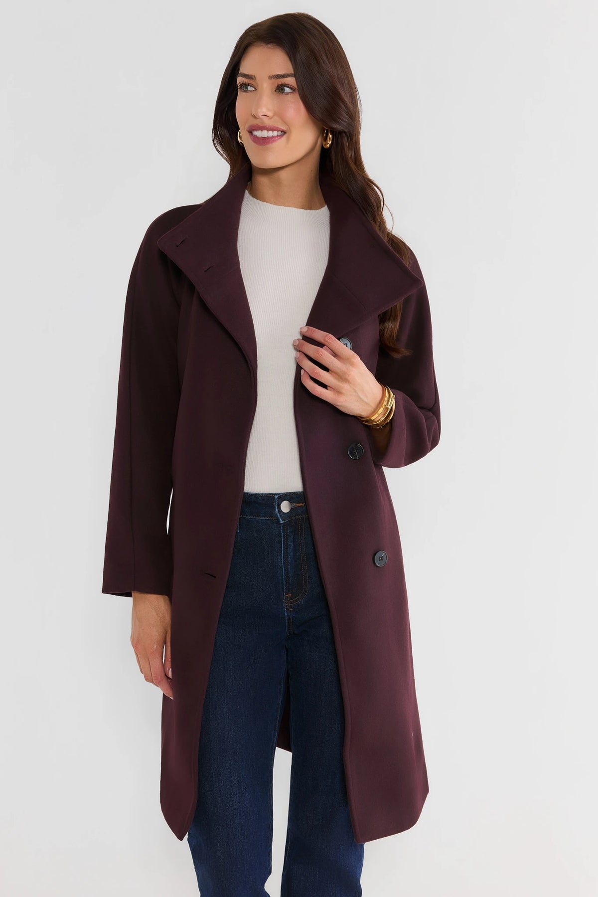 Burgundy Funnel Neck Coat - Open Front Styled Look with Jeans and White Sweater | Avara