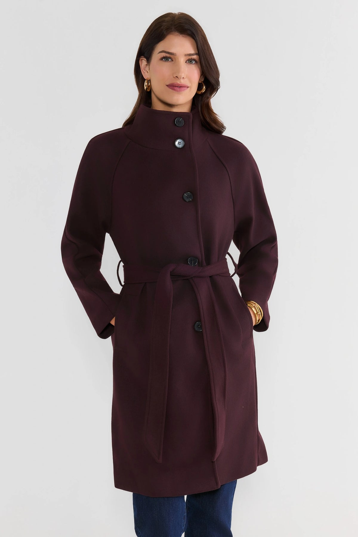 Burgundy Funnel Neck Belted Coat - Front View, Buttoned with Self-Tie Waist | Avara