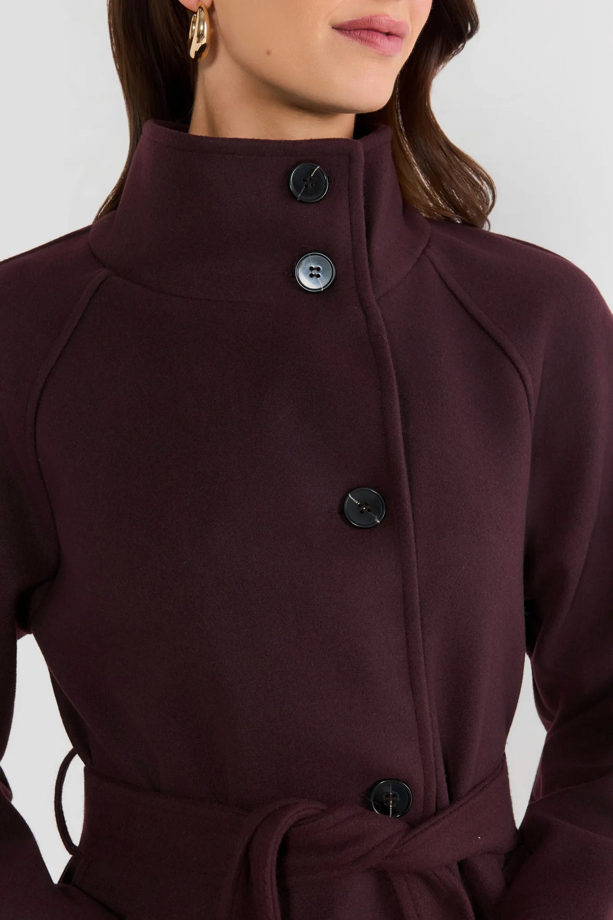 Burgundy Longline Belted Coat - Funnel Neck & Button Front Close-Up Detail | Avara