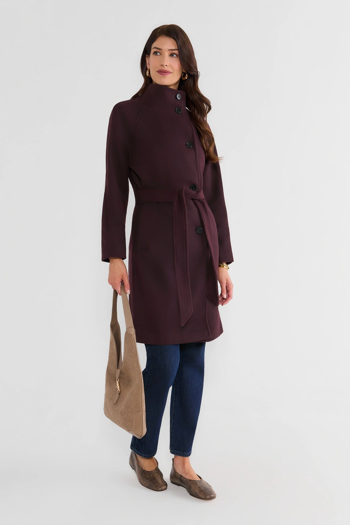 Burgundy Belted Longline Coat - Full Outfit View with Flats and Tote Bag | Avara