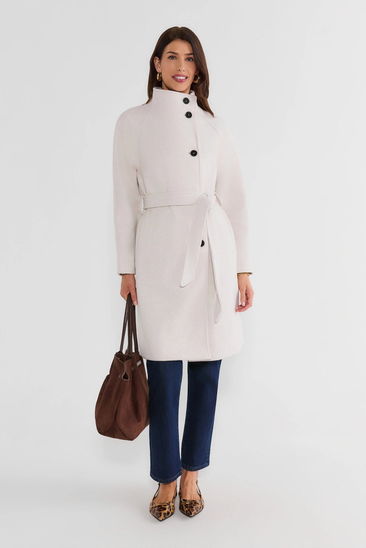 Ivory Belted Longline Coat Styled with Jeans - Full Length Look | Avara