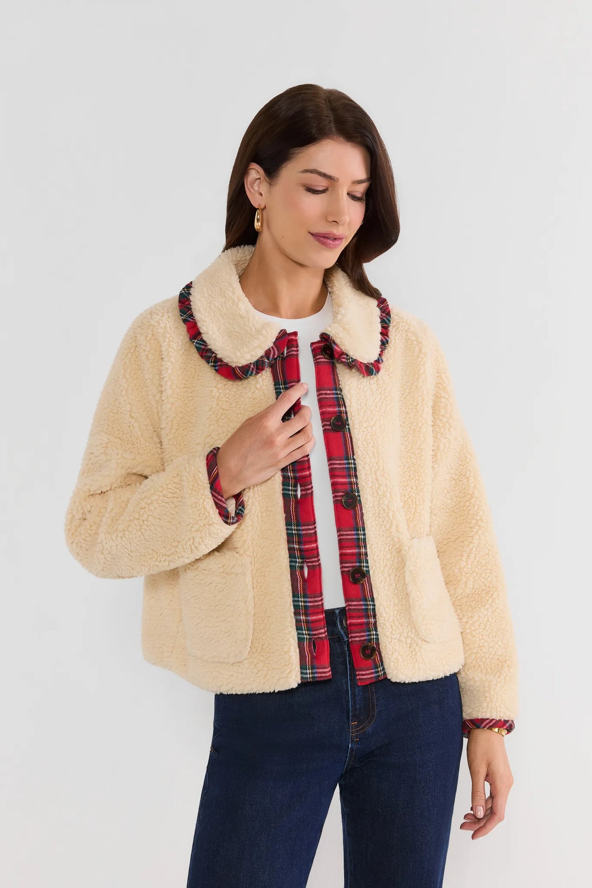 Cream Sherpa Jacket with Red Plaid Trim - Front View On Model | Avara