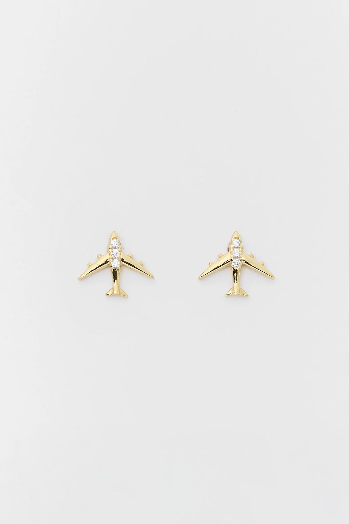 Gold Airplane Stud Earrings with Rhinestone Accents - Flat Lay Pair | Avara