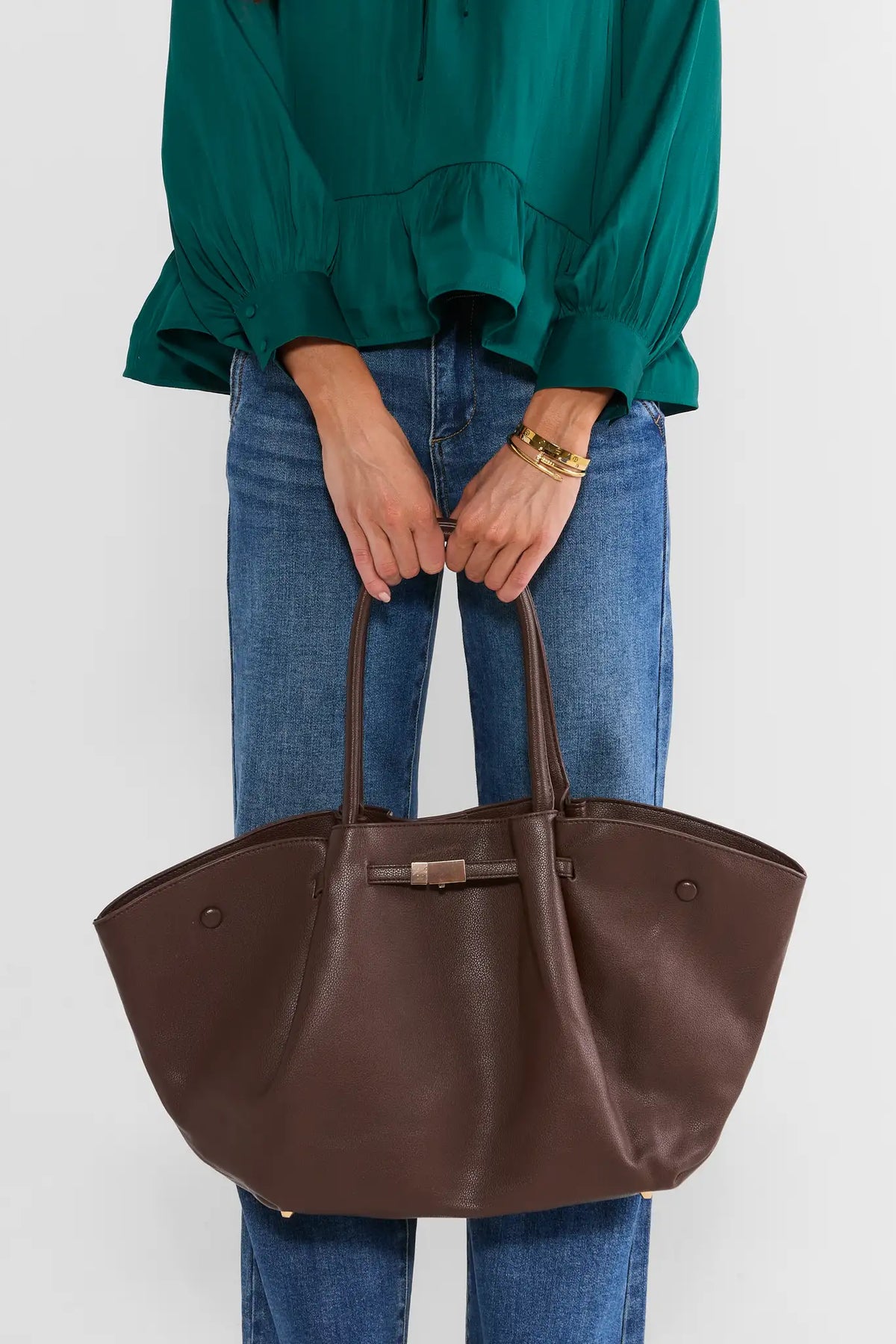 Brown Faux Leather Tote Bag - On Model Hand-Carried Front View | Avara