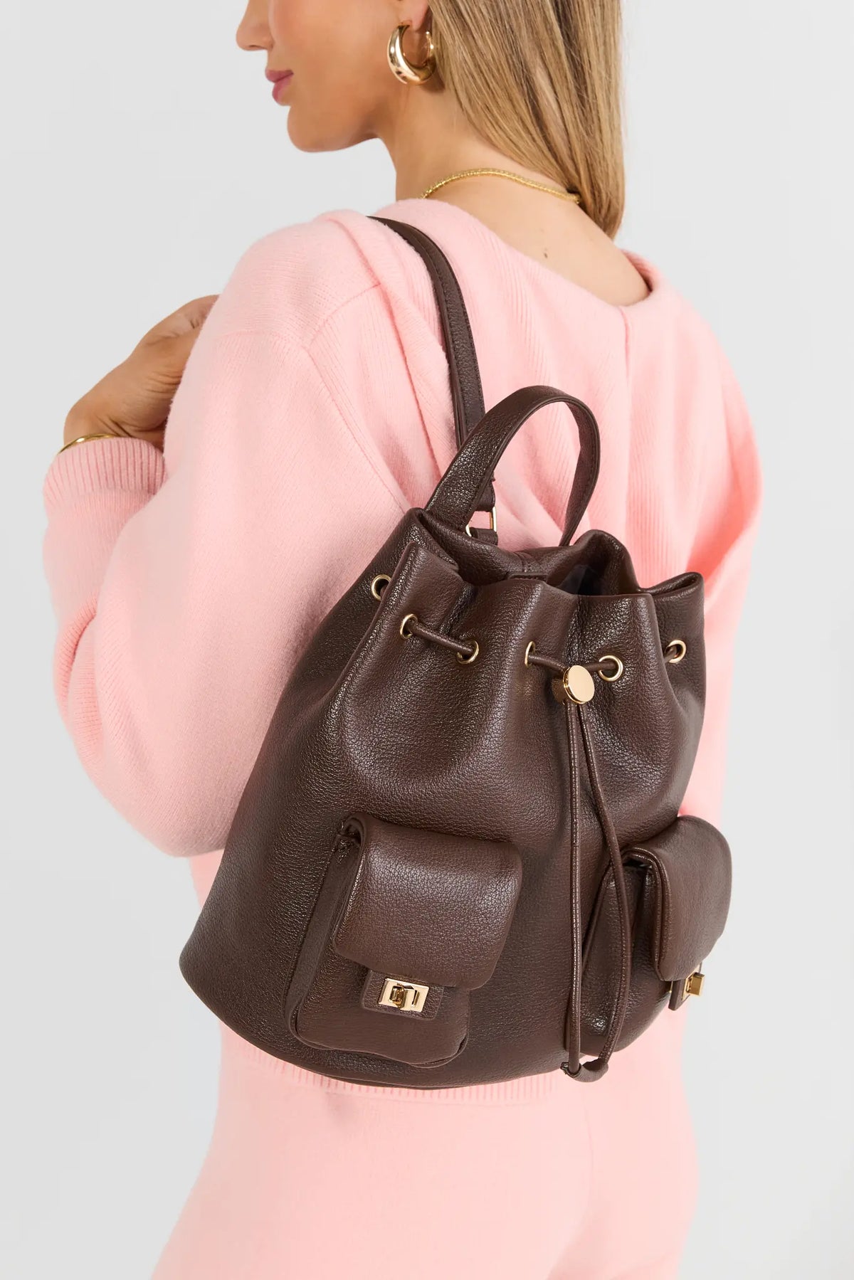 Brown Faux Leather Drawstring Backpack - On Model Back View | Avara