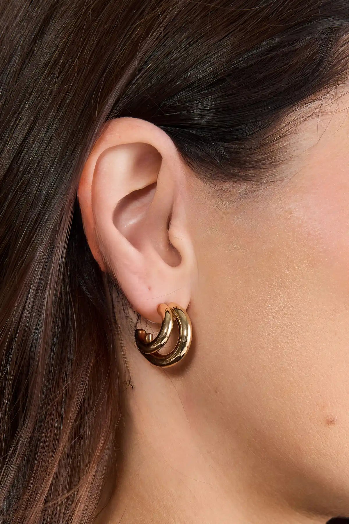 Gold Chunky Double Hoop Earrings - Close-Up On Model Side View | Avara