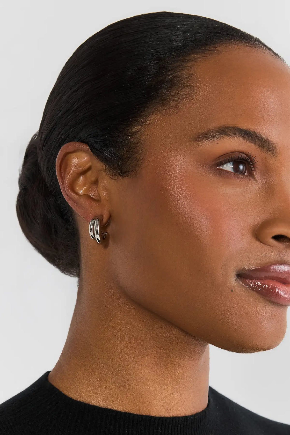 Silver Chunky Double Hoop Earrings - On Model Side Profile View | Avara