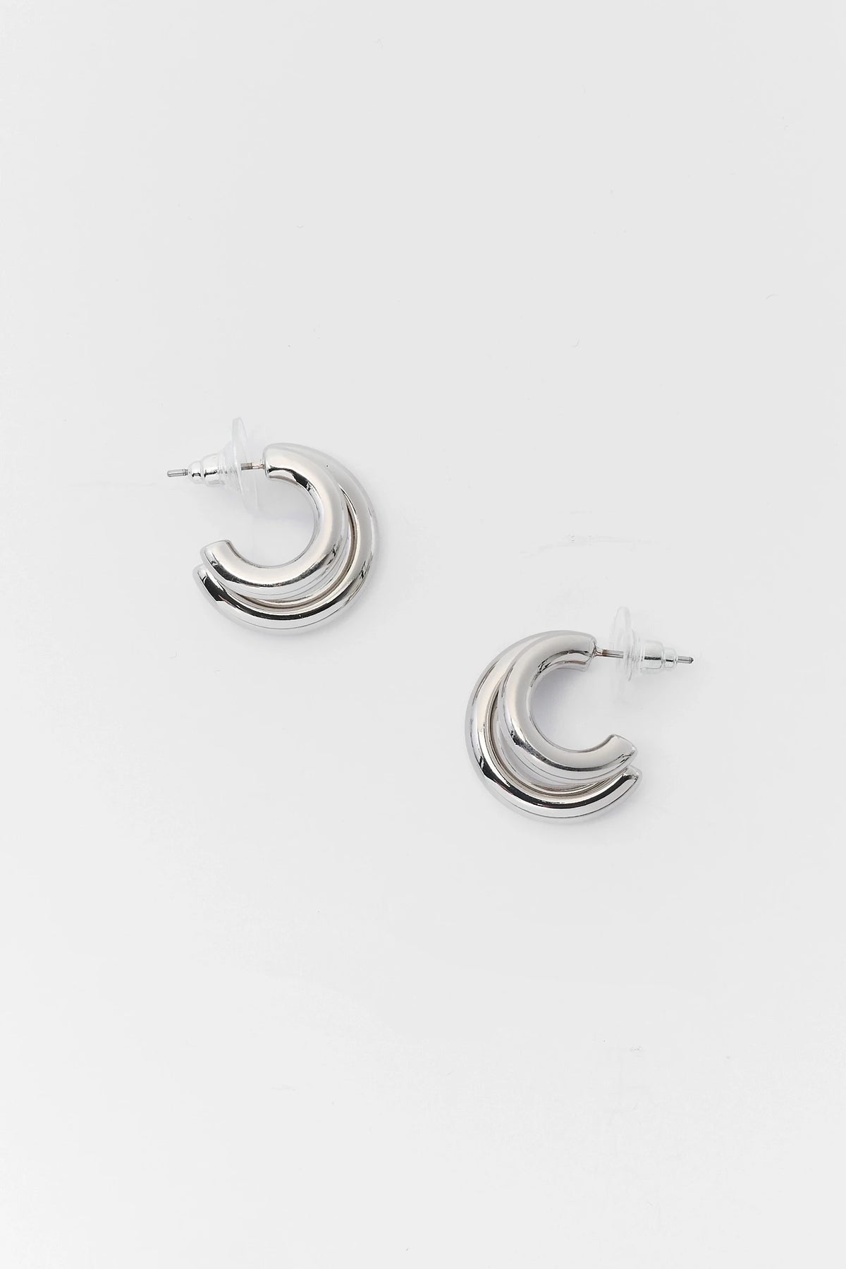Silver Chunky Double Hoop Earrings - Flat Lay Showing Post Backing Detail | Avara