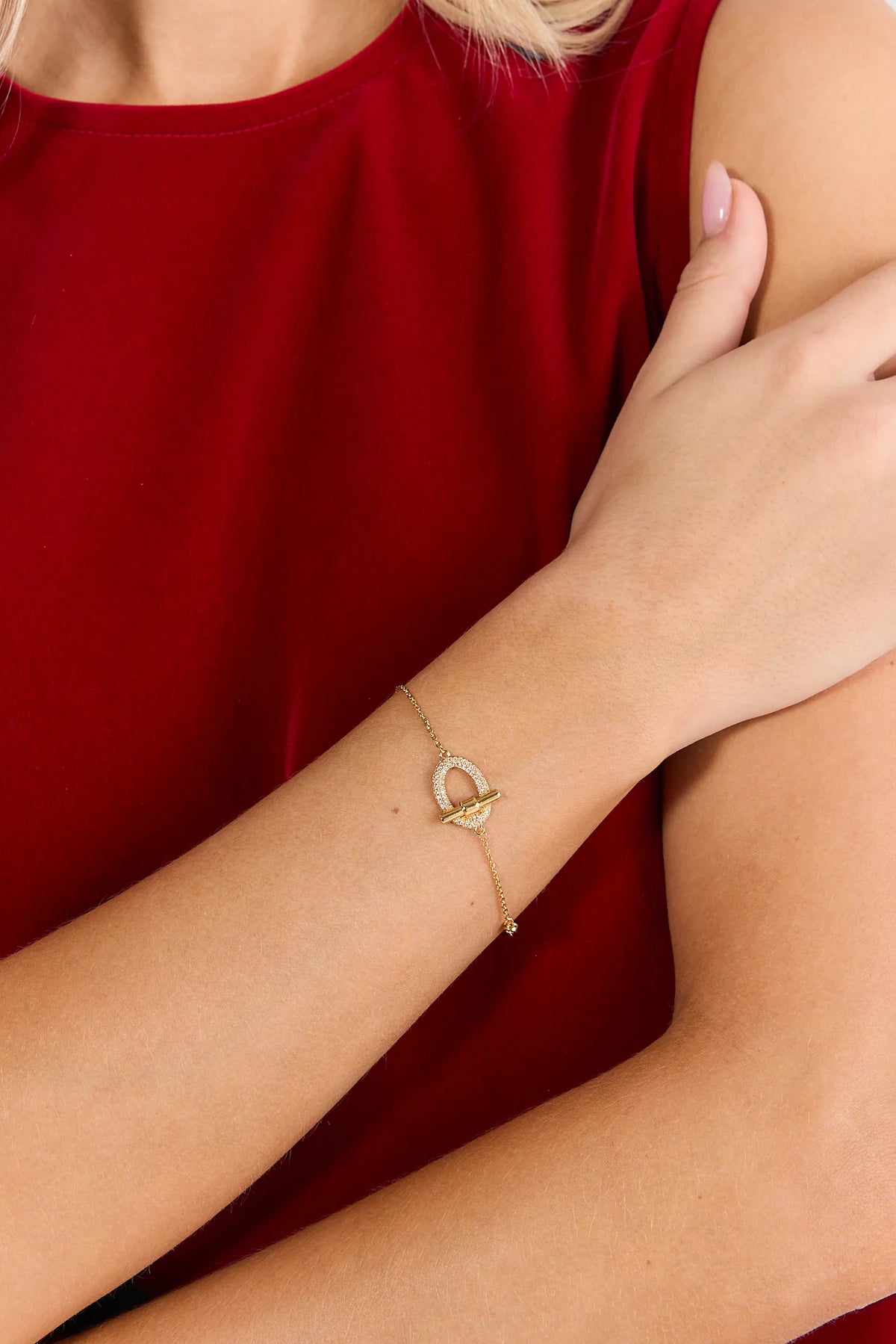 Gold Rhinestone Toggle Bracelet - On Model Wrist Close-Up | Avara