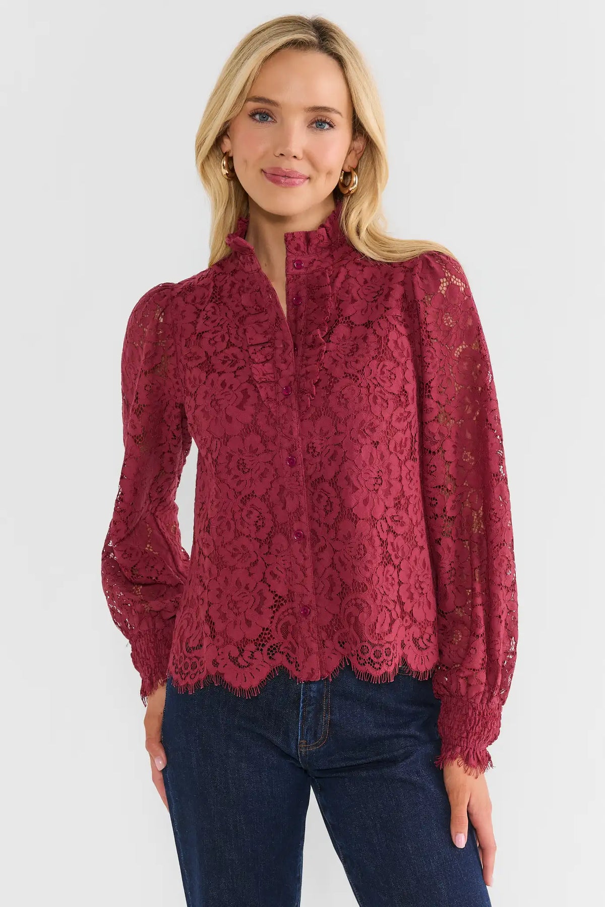 Burgundy Lace Button Up Top