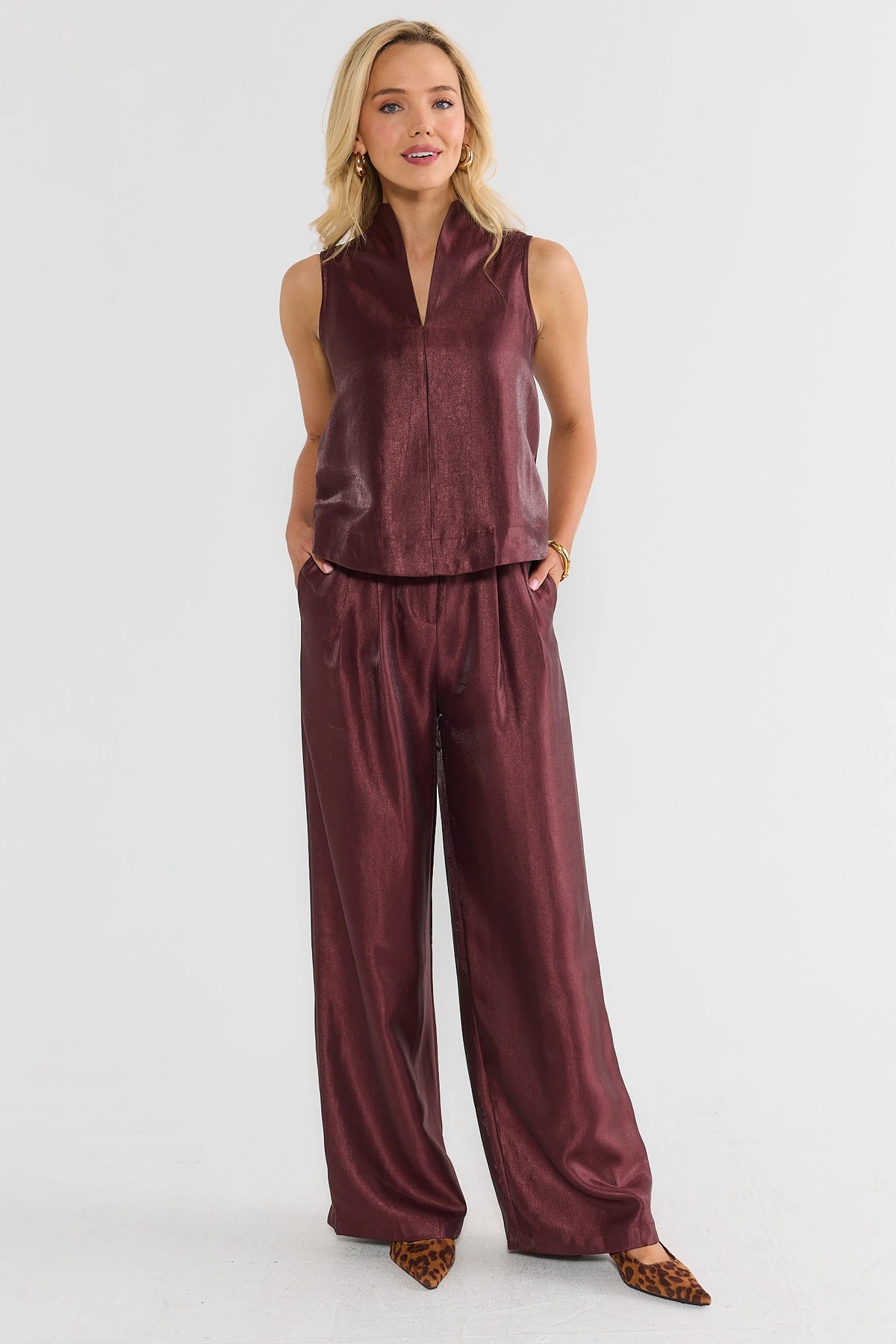 Burgundy High Waisted Pleated Pants