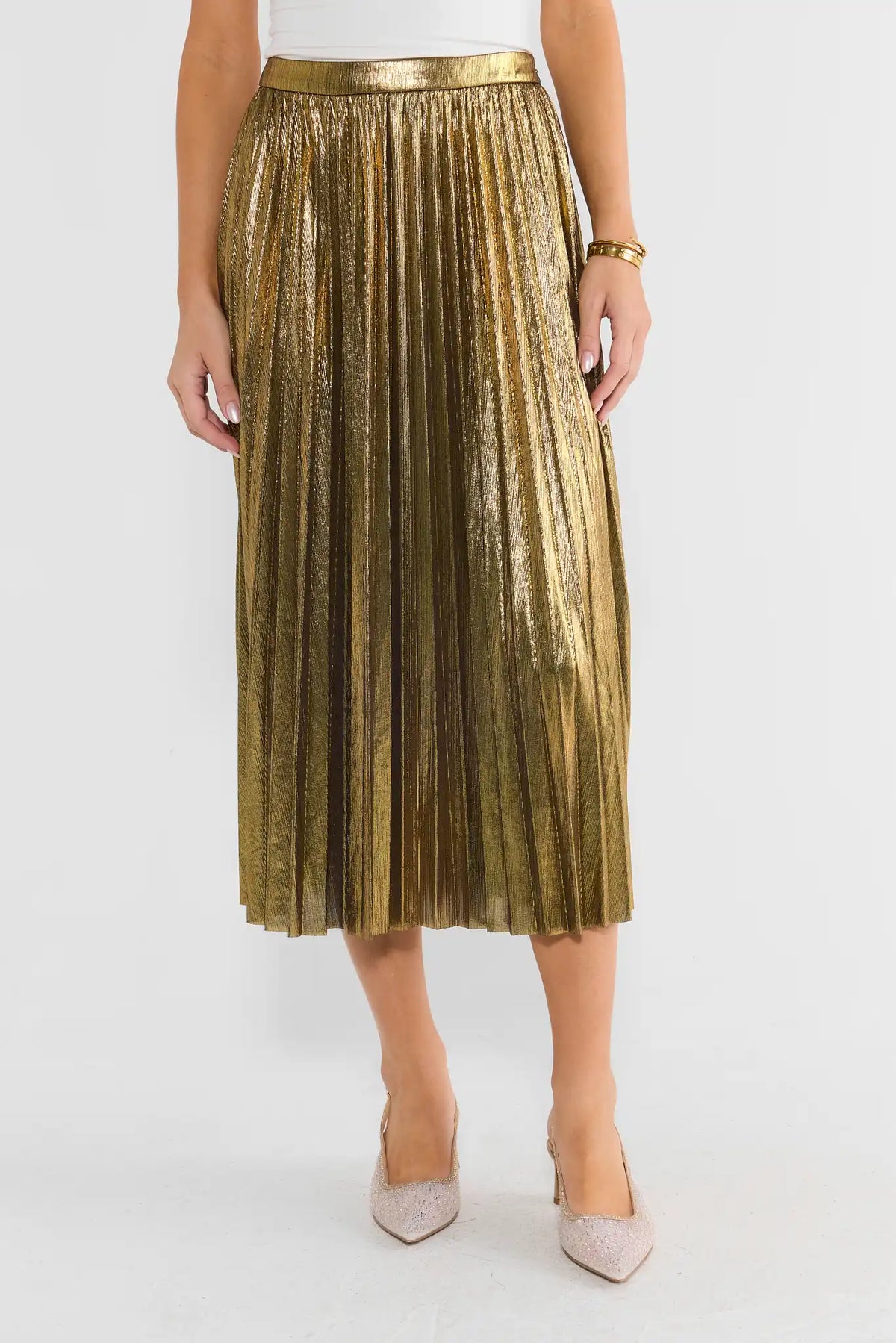 Gold Metallic Pleated Midi Skirt - Front View On Model | Avara