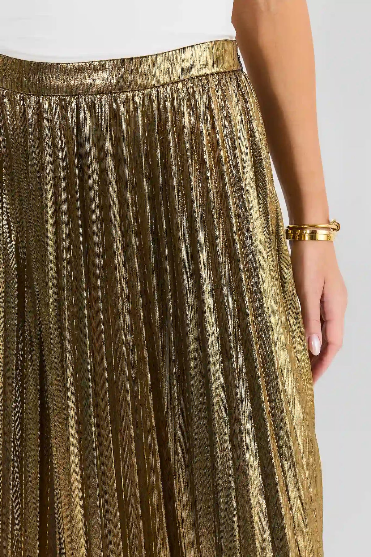 Gold Metallic Pleated Midi Skirt - Fabric Texture Close-Up | Avara