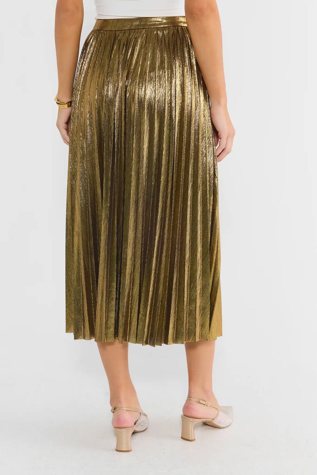 Gold Metallic Pleated Midi Skirt - Back View On Model | Avara