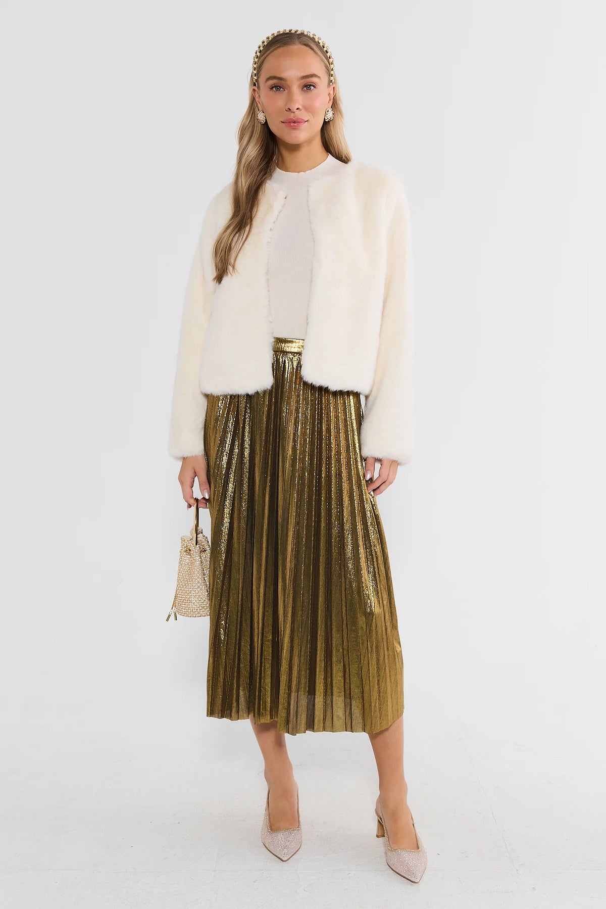 Gold Pleated Midi Skirt - Holiday Styled Look with Faux Fur Jacket | Avara