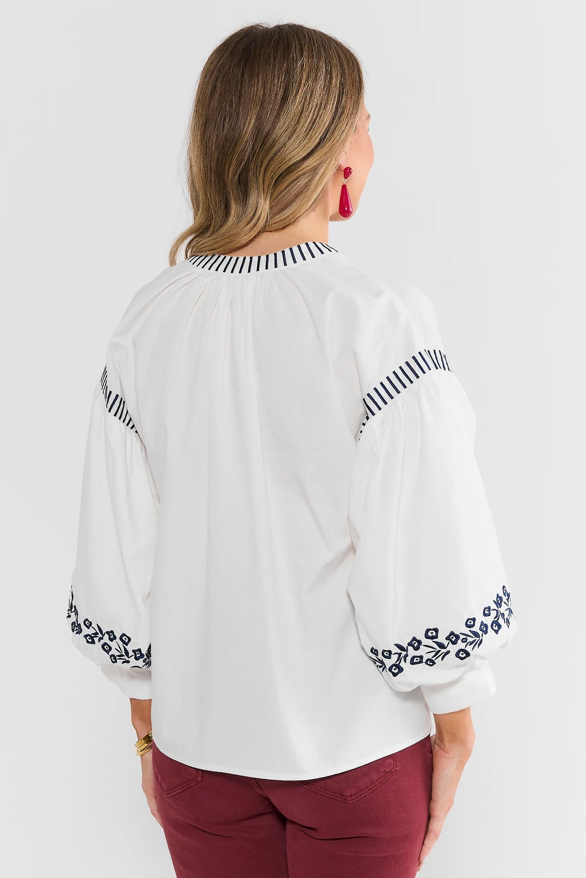 Ivory Cotton Floral Embroidered Top - Back View On Model Showing Sleeve Detail | Avara