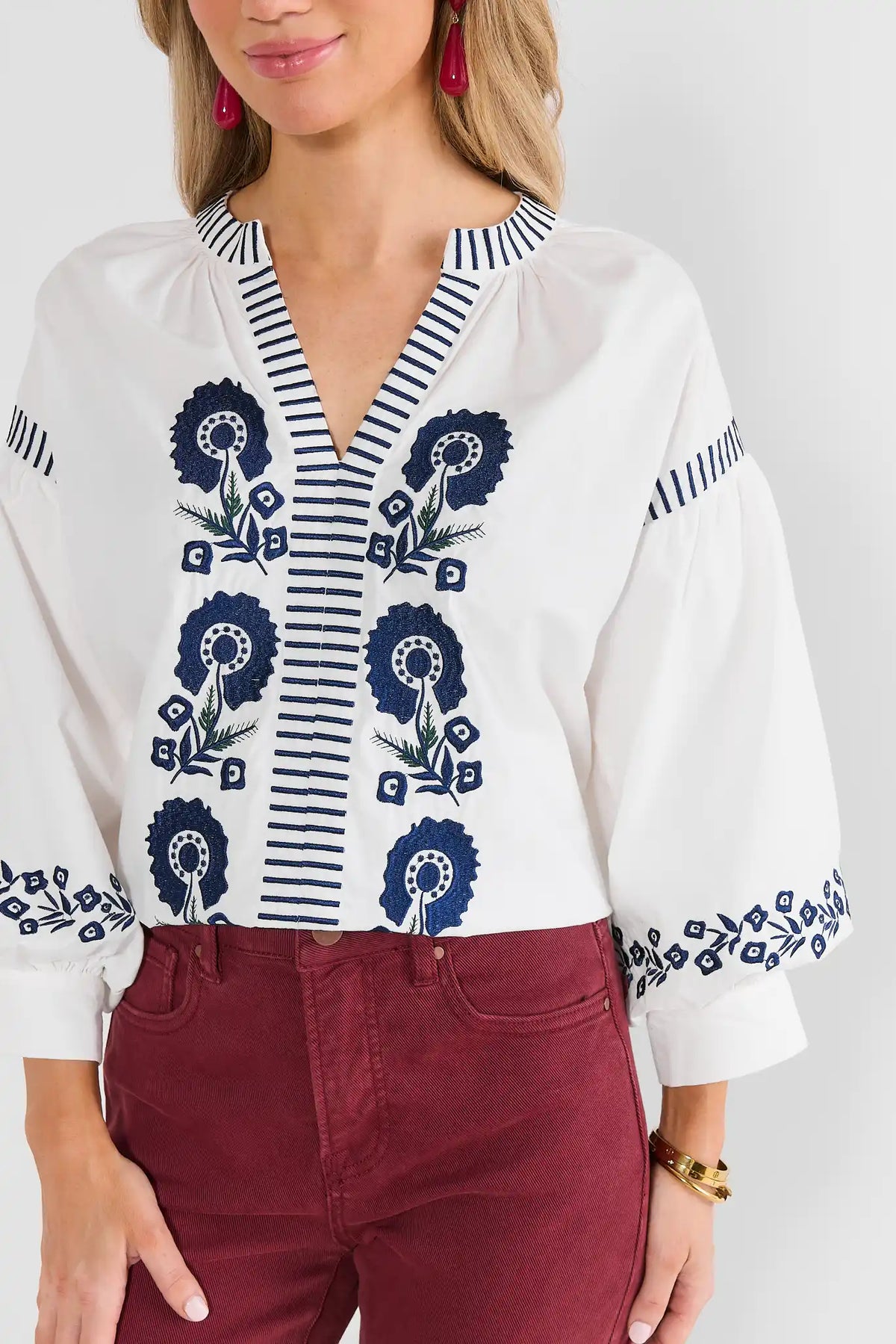 Ivory Cotton Floral Embroidered Top - Close-Up Embroidery & V-Neckline Detail | Avara