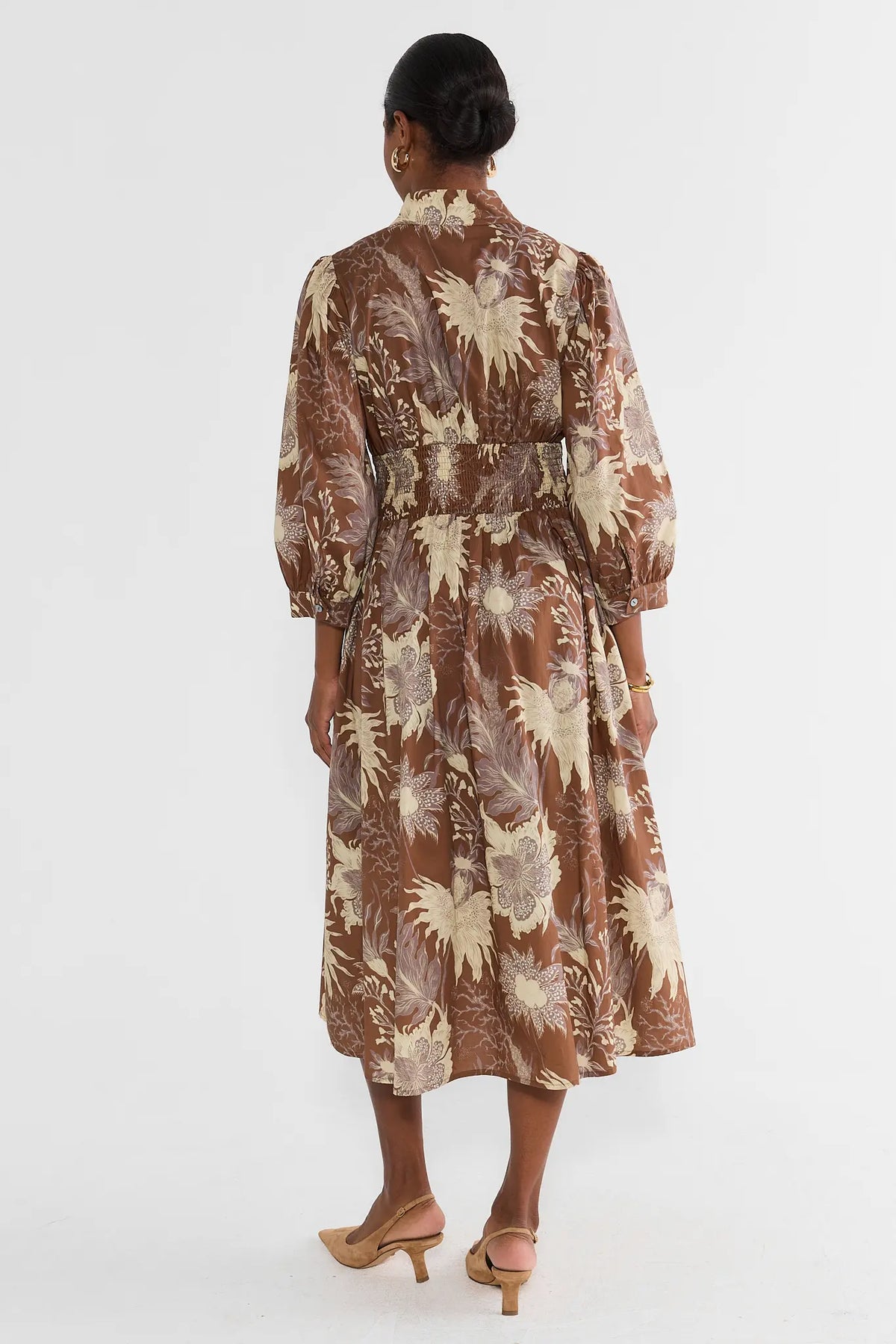 Lina Brown Floral Zip Up Midi Dress