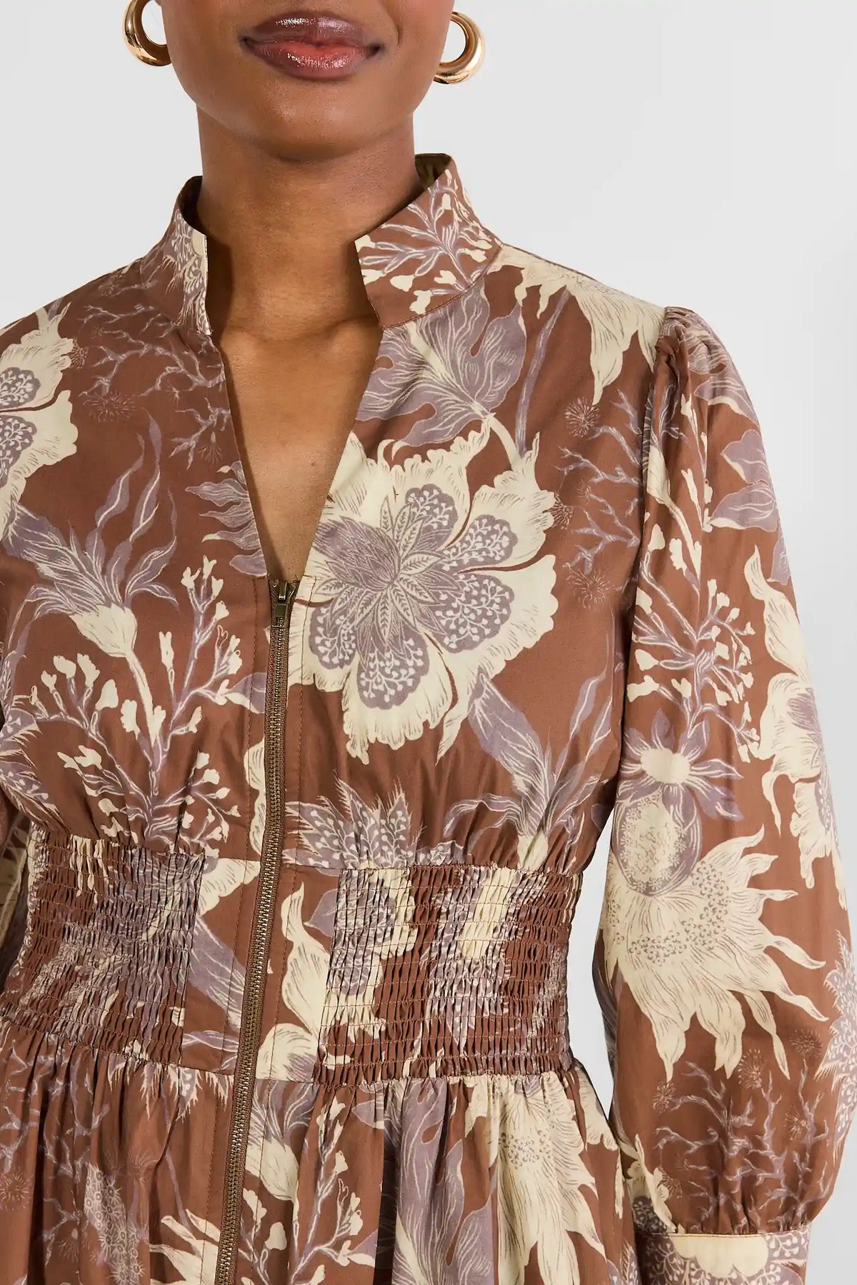 Lina Brown Floral Zip Up Midi Dress