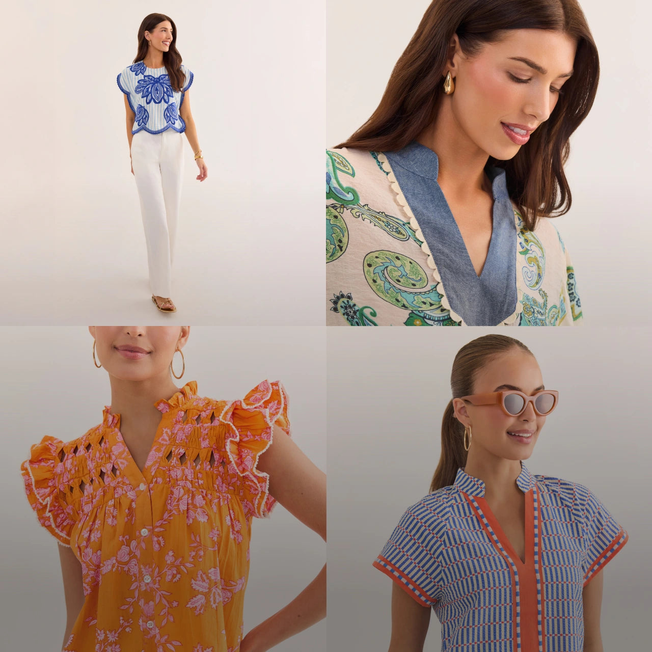 Collage of women wearing various tops with different patterns and colors. desktop